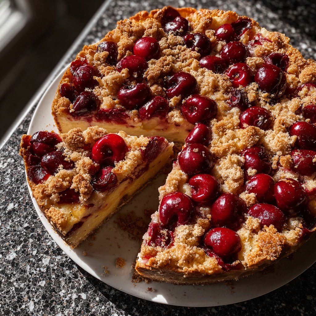 Streuselkuchen Mit Pudding Und Kirschen